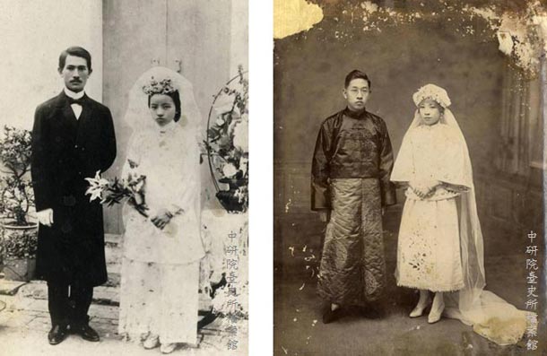 左圖：1911年高再祝、高許美結婚週年補拍婚紗照。 右圖：1920年代林垂拱、陳瓊珍結婚照