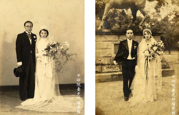 左圖：1937年李超然、高慈美結婚照。 右圖：1937年蔡伯淙、莊素鶖結婚照。