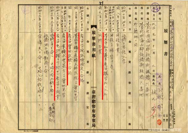 1942年林氏菊子因應總督府專賣局產婆資格調查所提出之個人履歷書