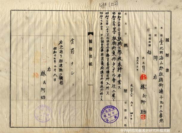 1942年臺灣總督府專賣局林阿幼履歷書
